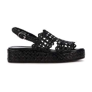 Black Woven Leather Flat Sandals