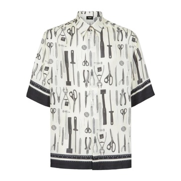 White Bowling Shirt with All-Over Fendi Tools Print in Silk Man