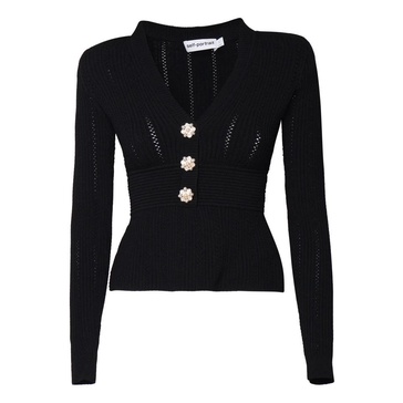 Perforated Black Sweater V-Neck Long Sleeves