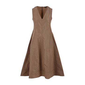 Camel V-Neck Dress with Side Zipper