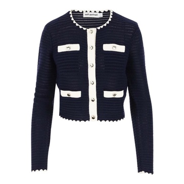 Navy Cotton Blend Cardigan with Jewel Button Pockets