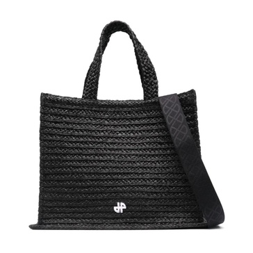 Black Raffia Tote Bag with Logo Appliqué