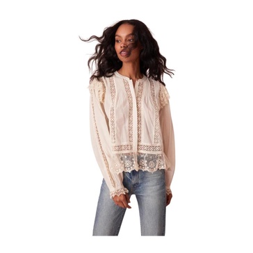 Vintage-inspired Embroidered Mesh Ruffle Blouse