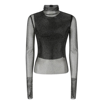 Glitter Mesh Top with High Collar