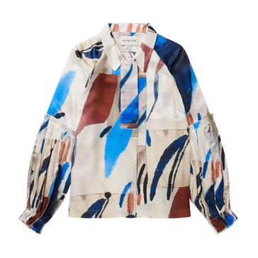 Beautiful Silk Shirt with Puff Sleeves and Abstract Print