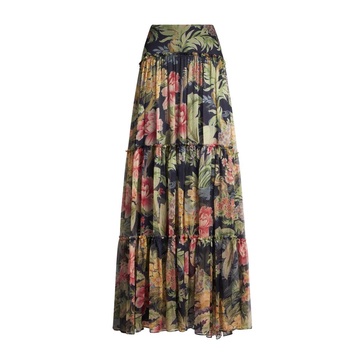 Flounced Blue Floral Print Long Skirt