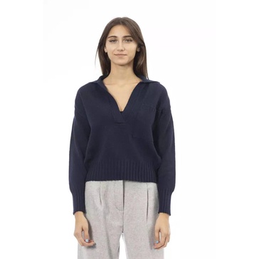 Blue Wool V-Neck Sweater with Front Pocket