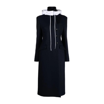 Navy Wool Double-Breasted Coat with Detachable Hood