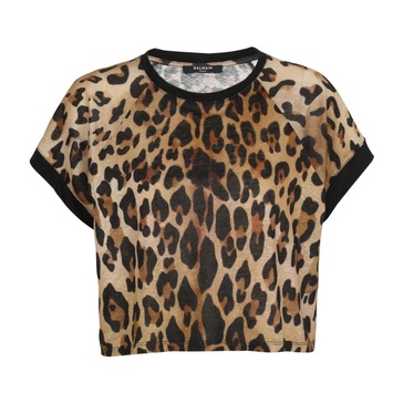 Cropped linen T-shirt with leopard print