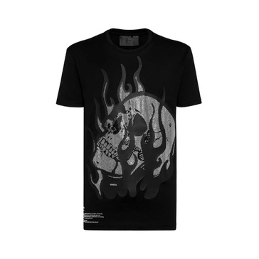 Skull on Fire Black T-Shirt with Rhinestone Decoration