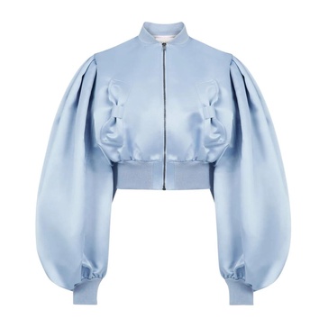 Blue Satin Cropped Bomber Jacket