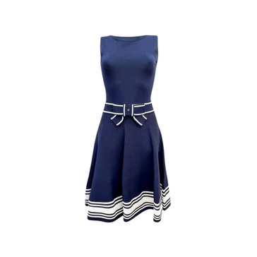 Blue Navy Jacquard Dress with Bow