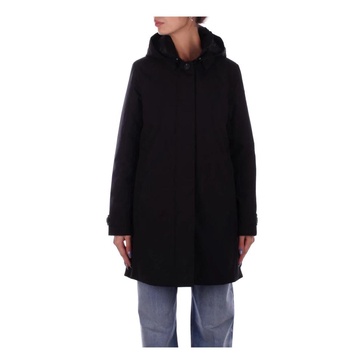 Black Hooded Coat with Zipper and Button