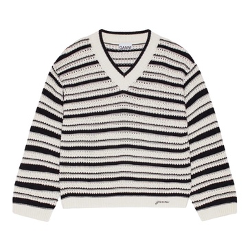 White And Black Stripe Sweater With V Neck In Cotton Woman