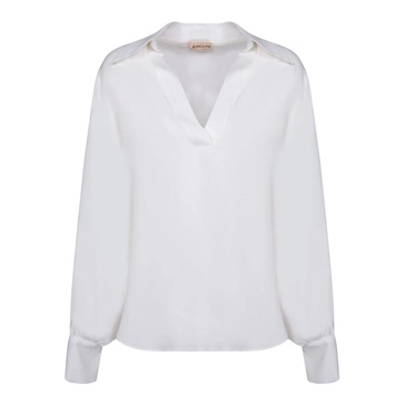 White Silk Blend V-Neck Blouse