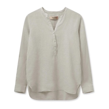 Linen Blouse with V-Neck and Button Panel