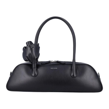 Black Leather Trapeze Handbag with Flower Embellishment