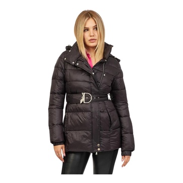 Women Short Down Jacket with High Collar and Logo Belt