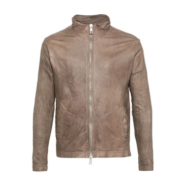 Beige Leather Jacket with High Collar and Multiple Pockets