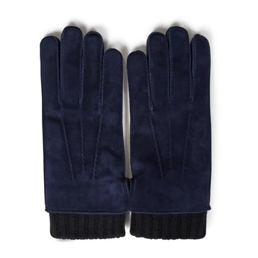 Blue Leather Knit Cuff Gloves