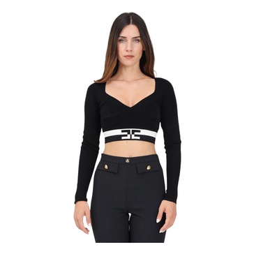 Black V-Neck Cropped Top with Long Sleeves