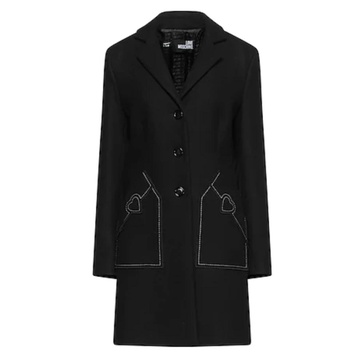 Black Wool Coat with Heart Embroidery