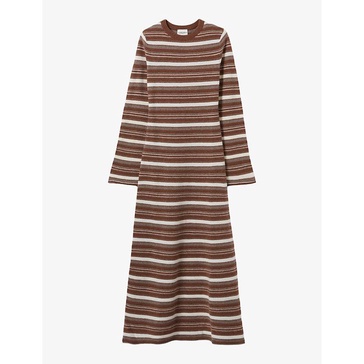 Round-neck slim-fit striped wool maxi dress