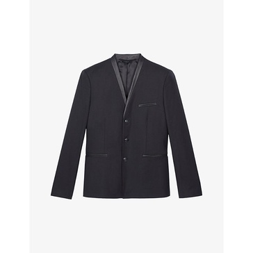 Leather-trim slim-fit wool blazer