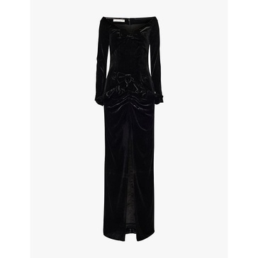 Bow-front off-shoulder slim-fit velvet gown