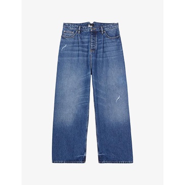 Pleated straight-leg denim jeans