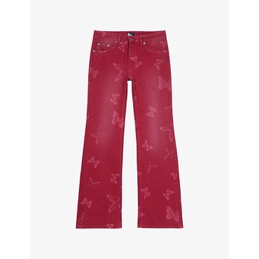 Butterfly-print flared-leg stretch-denim jeans