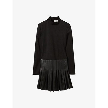 Long-sleeved pleated-skirt stretch-woven and leather mini dress