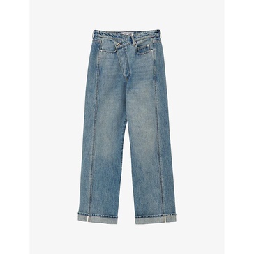 Faded-wash crossover-waist straight-leg jeans