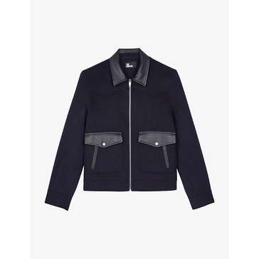 Contrast-trim regular-fit leather and wool-blend jacket