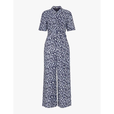 Leopard-print short-sleeve linen-blend jumpsuit