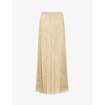 Rhinestone-embellished fishnet-texture stretch-woven maxi skirt