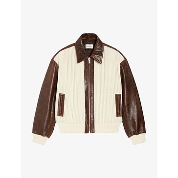 Contrast-trim leather and knit-rib bomber jacket