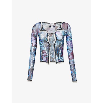 Papillon open-front printed sheer mesh cardigan