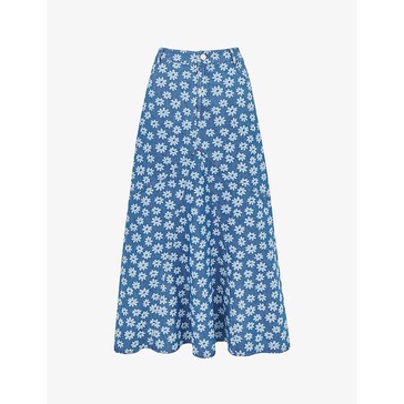 Daisy-motif A-line denim maxi skirt