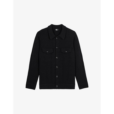 Spread-collar flap-pocket wool cardigan