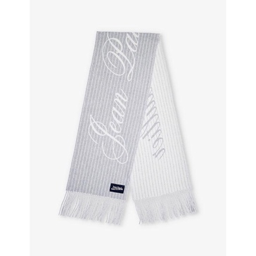 Pinstriped branded-print wool-blend scarf