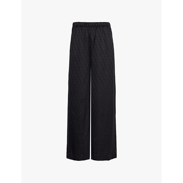 Elasticated-waistband brand-monogram wide-leg mid-rise satin pyjama trousers