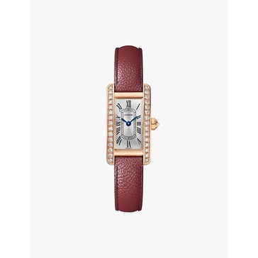 Tank Americaine Mini 18ct rose-gold, 0.55ct brilliant-cut diamond and leather quartz watch