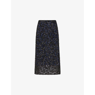 Floral-pattern sequin woven midi skirt