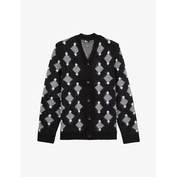 Diamond-pattern V-neck knitted cardigan