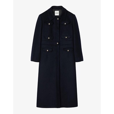 Patch-pocket button-down long wool-blend coat