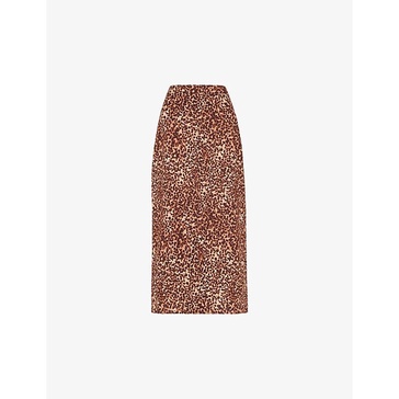 Animal-print front-split linen-blend midi skirt