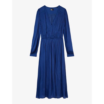 Pleated V-neck woven midi dress