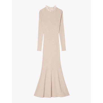 Frill-collar long-sleeve ribbed wool and cashmere-blend midi dress