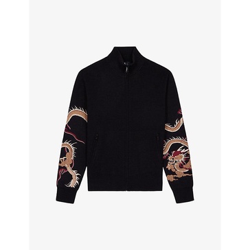 Graphic-embroidered half-zip knitted jumper